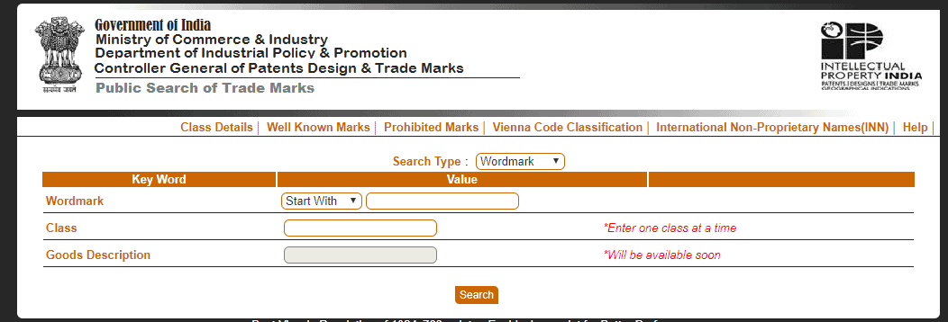 Trademark search interface of Indian government for class and goods details.