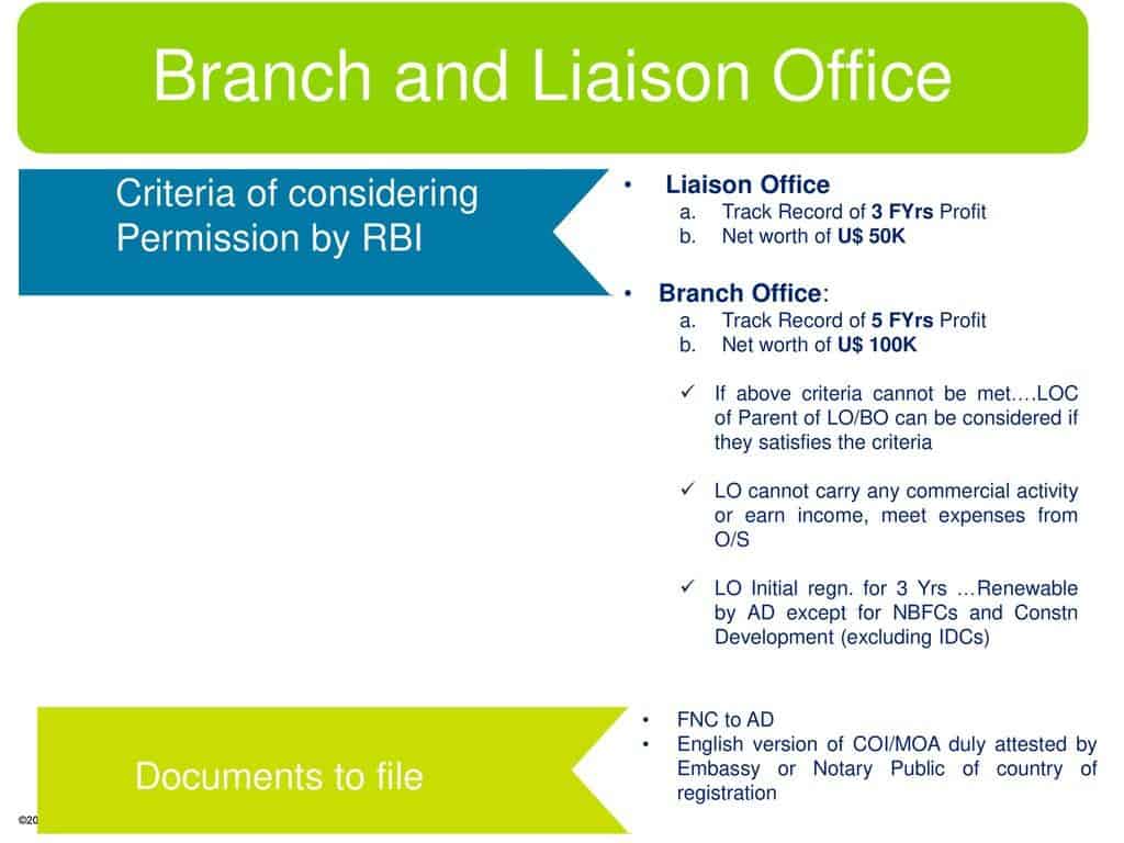 Business setup for branch and liaison offices with RBI criteria.