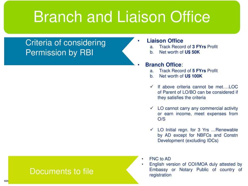 Business setup for branch and liaison offices with RBI criteria.