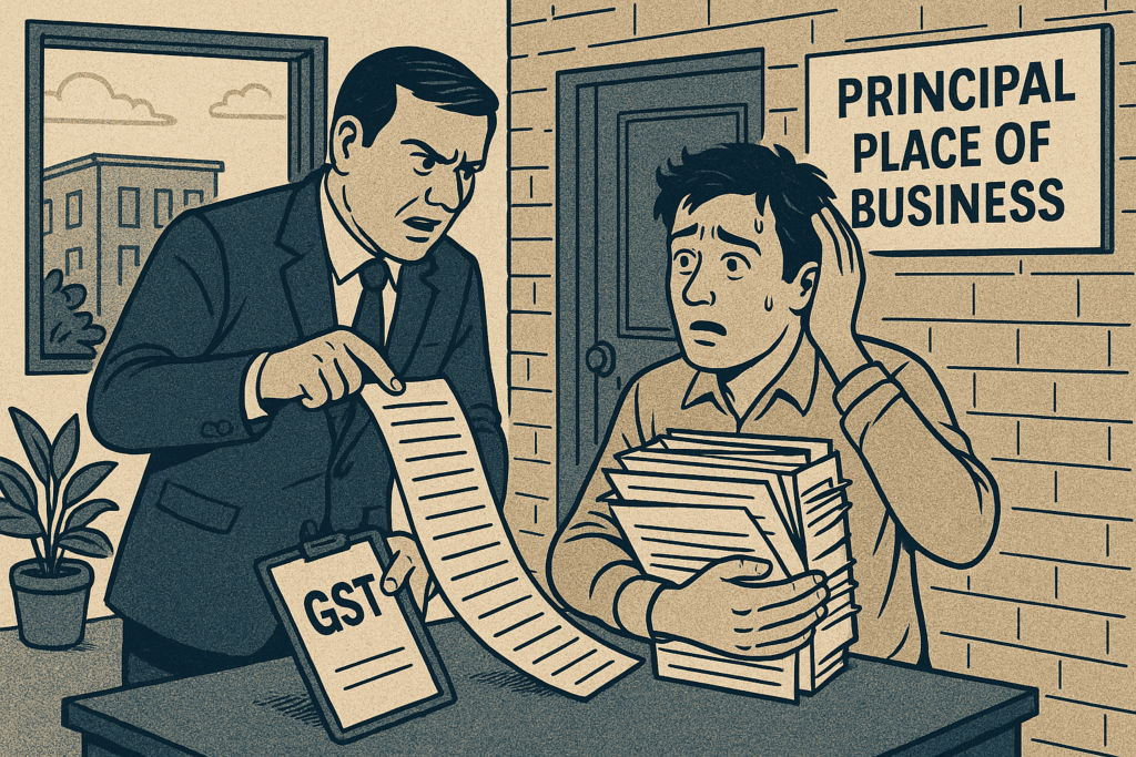 Business owner reviewing GST registration documents at principal place of business.
