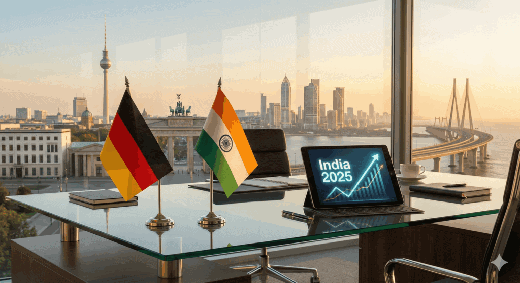 Business meeting with Germany and India flags in modern office with city view.