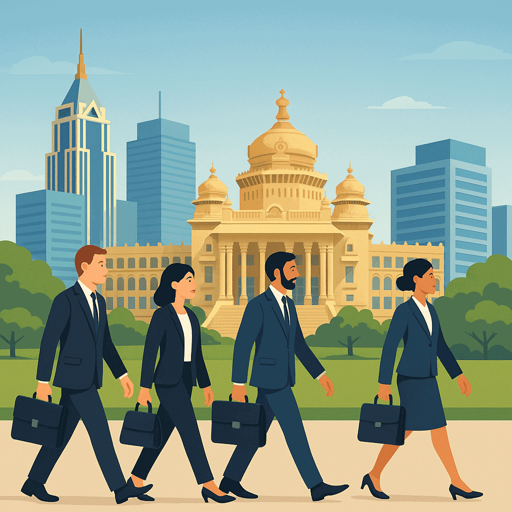 Business professionals walking in front of Bangalore's government building for company setup.
