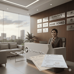 Modern business setup office with reception desk and company branding in India.