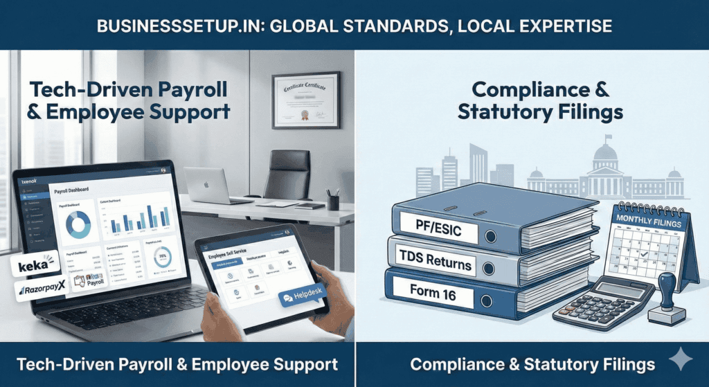 Business setup image showing payroll, HR support, and statutory filing processes.
